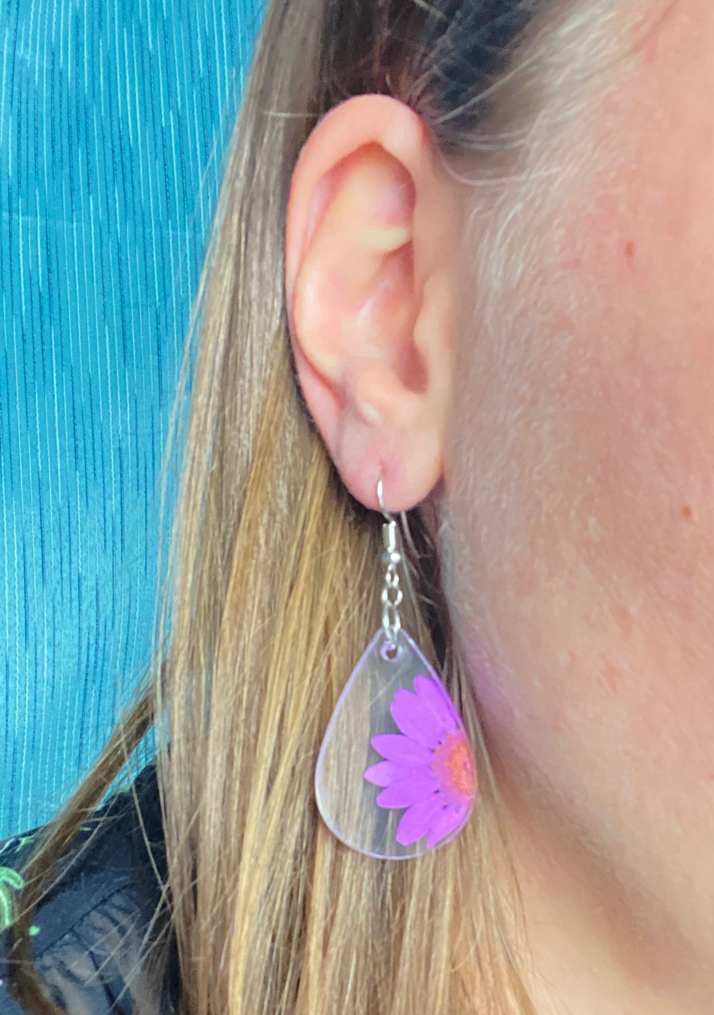 Real Flower Purple Dangle Earrings