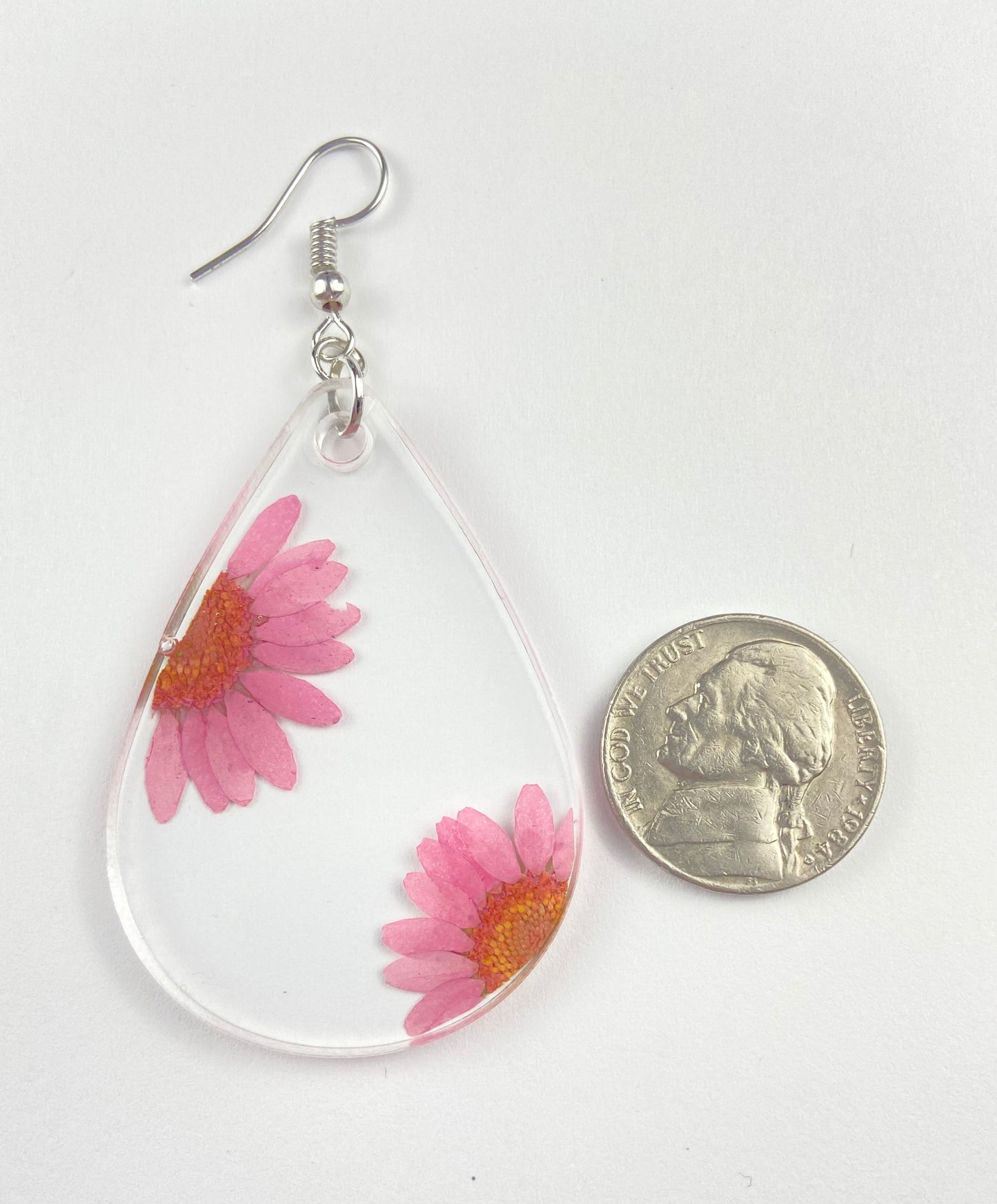 Pink Real Flower Daisy Dangle Earrings