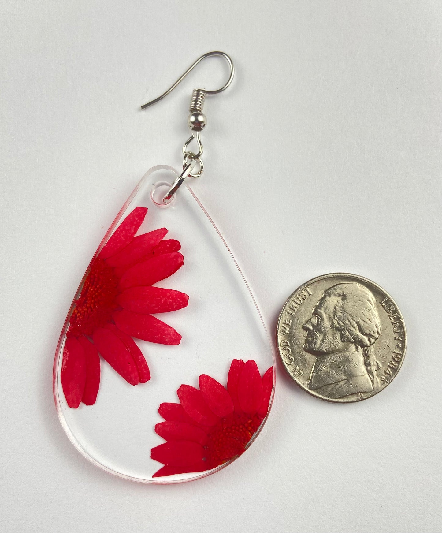 Red Real Flower Daisy Dangle Earrings