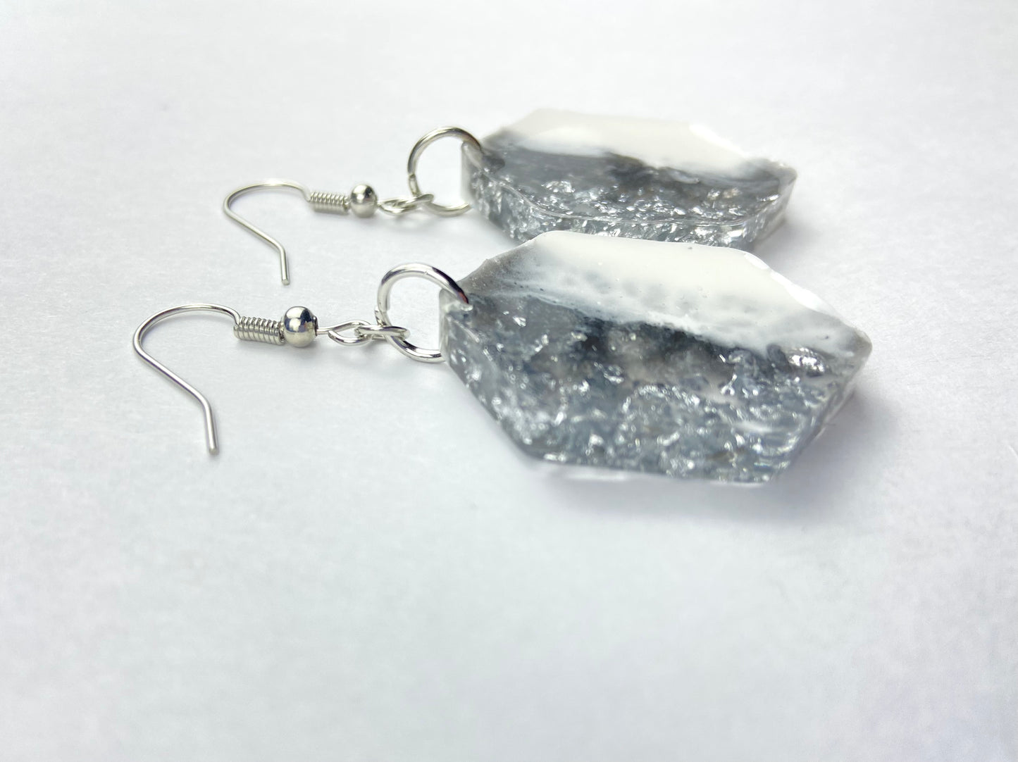 White and Silver Hexagon Dangle Earrings