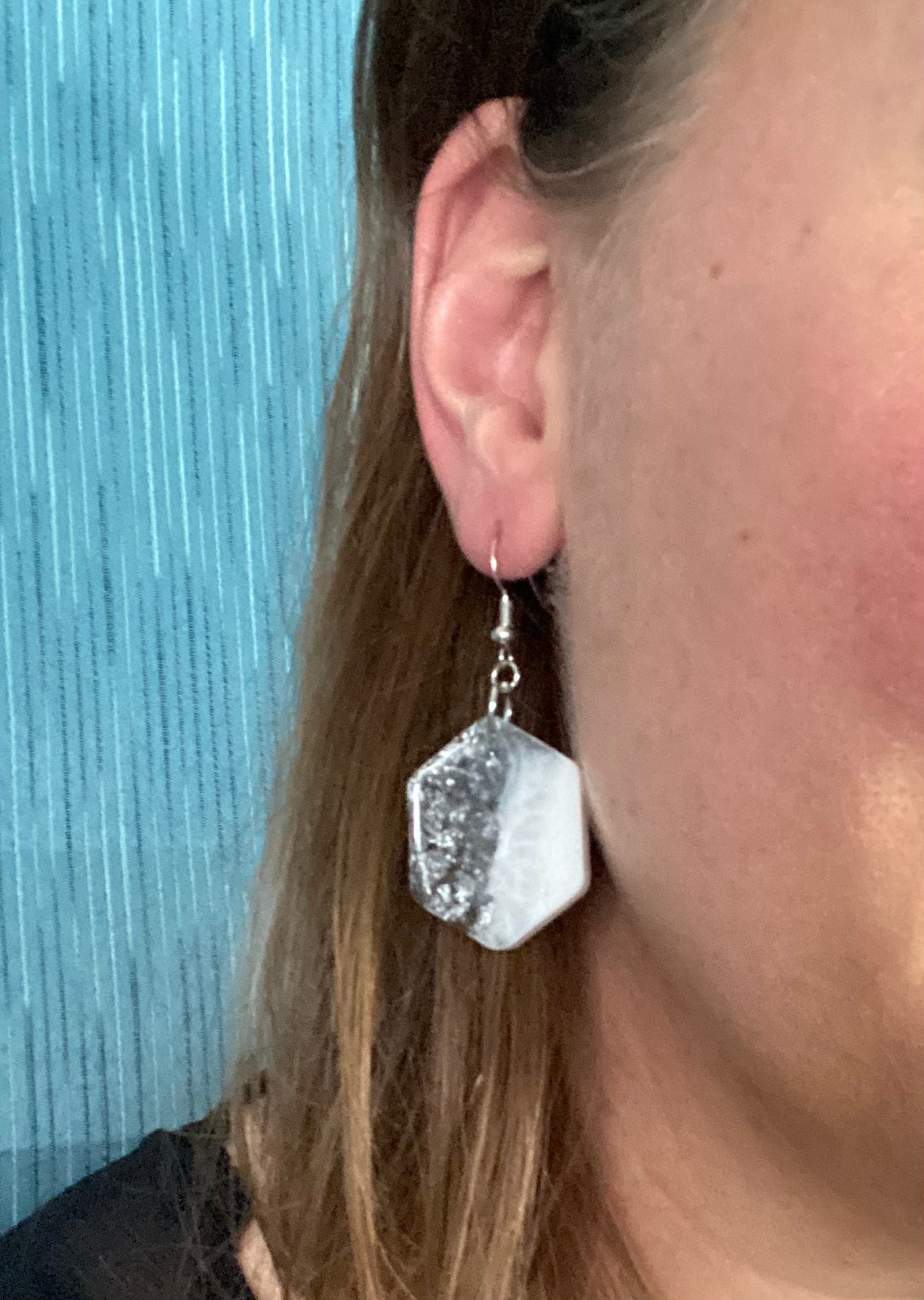 White and Silver Hexagon Dangle Earrings