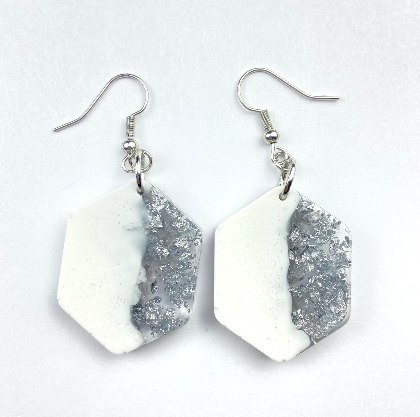 White and Silver Hexagon Dangle Earrings