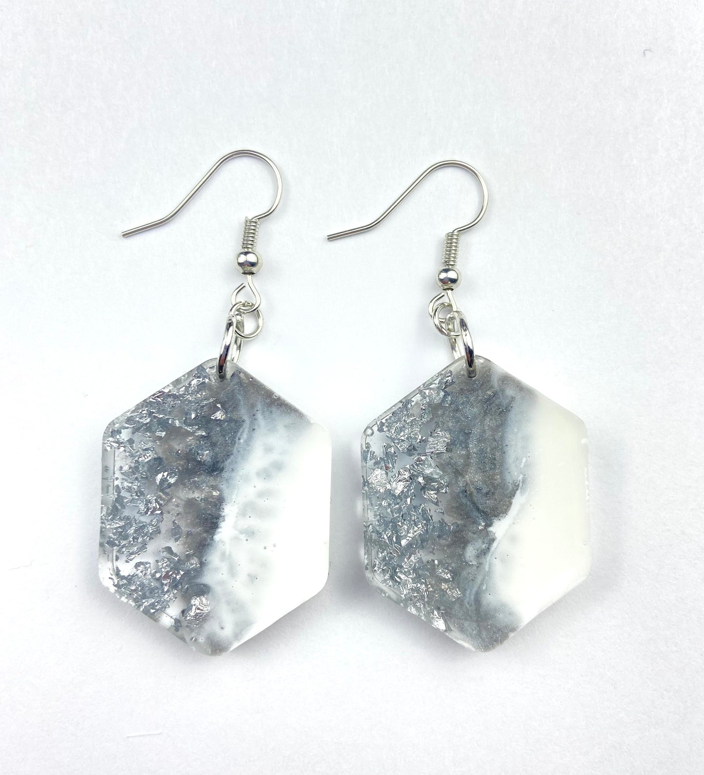 White and Silver Hexagon Dangle Earrings