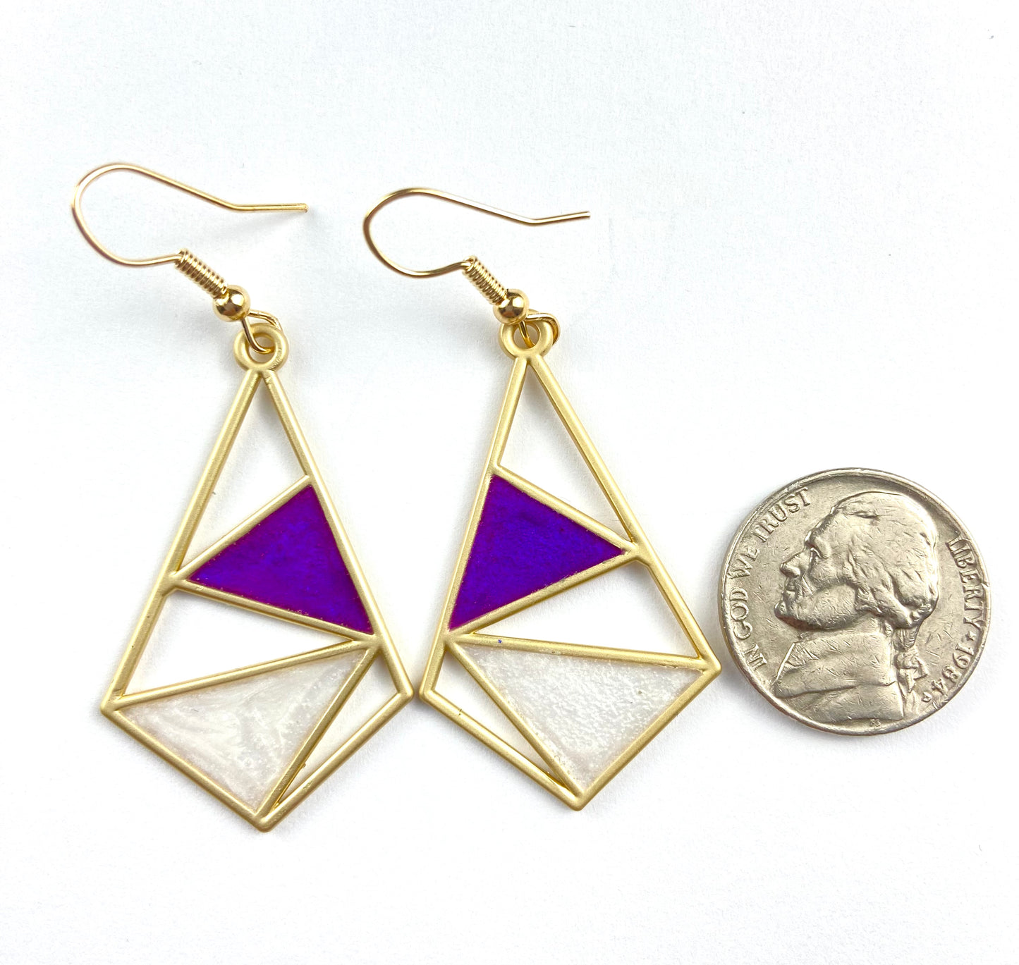 Purple, White and Gold Dangle Earrings