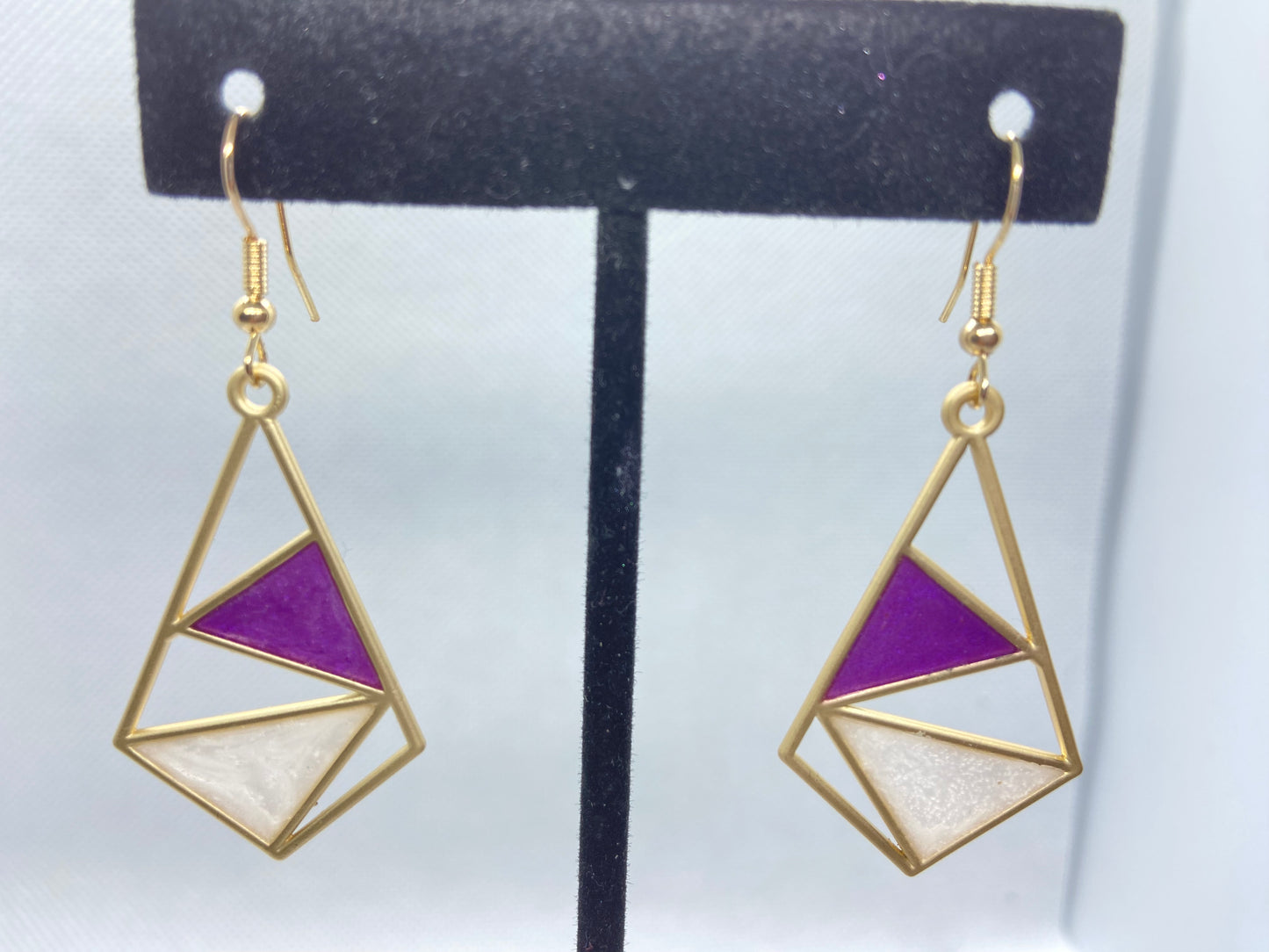 Purple, White and Gold Dangle Earrings