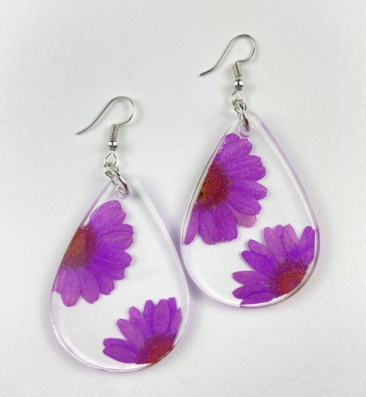 Purple Real Flower Dangle Earrings