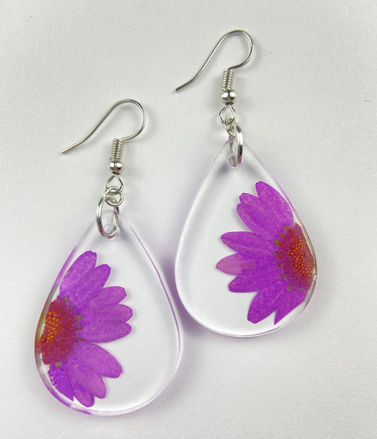 Real Flower Purple Dangle Earrings