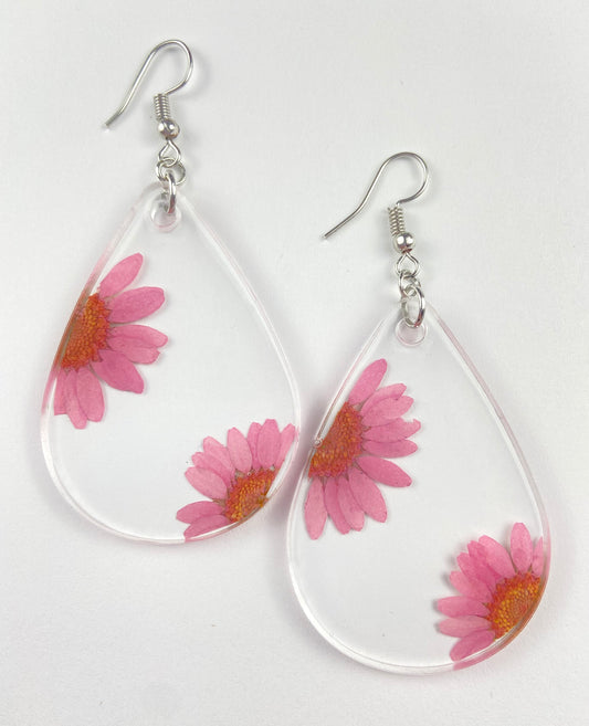 Pink Real Flower Daisy Dangle Earrings