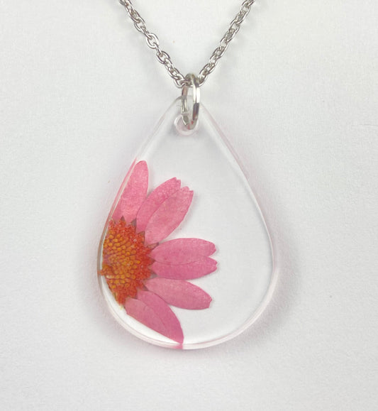 Pink Real Flower Daisy Pendant Necklace