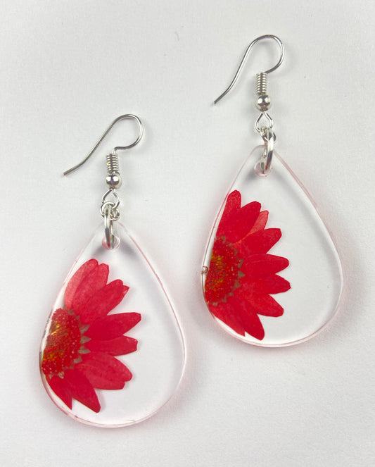 Red Daisy Flower Dangle Earrings