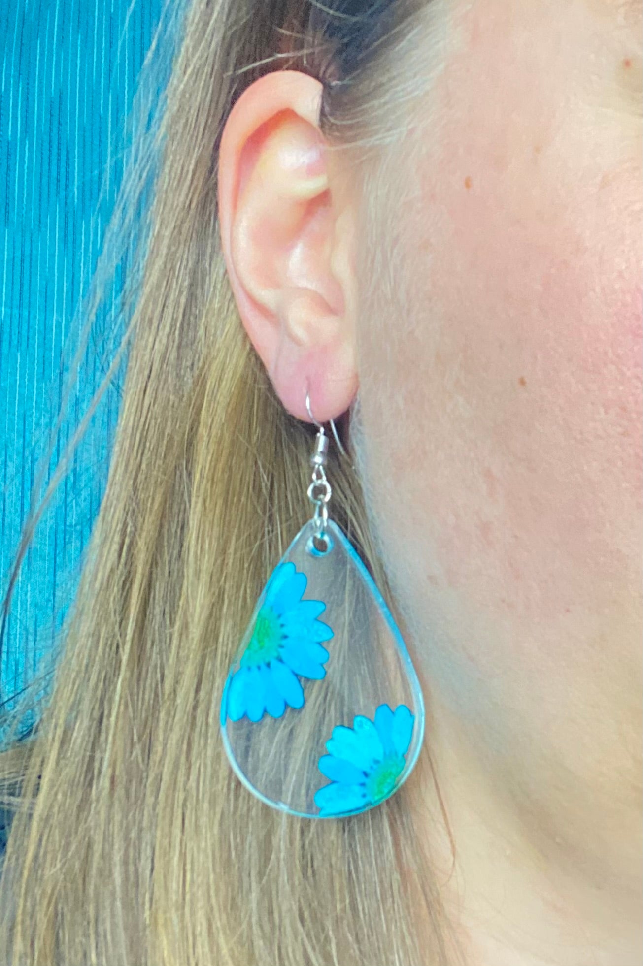Blue Real Flower Daisy Dangle Earrings