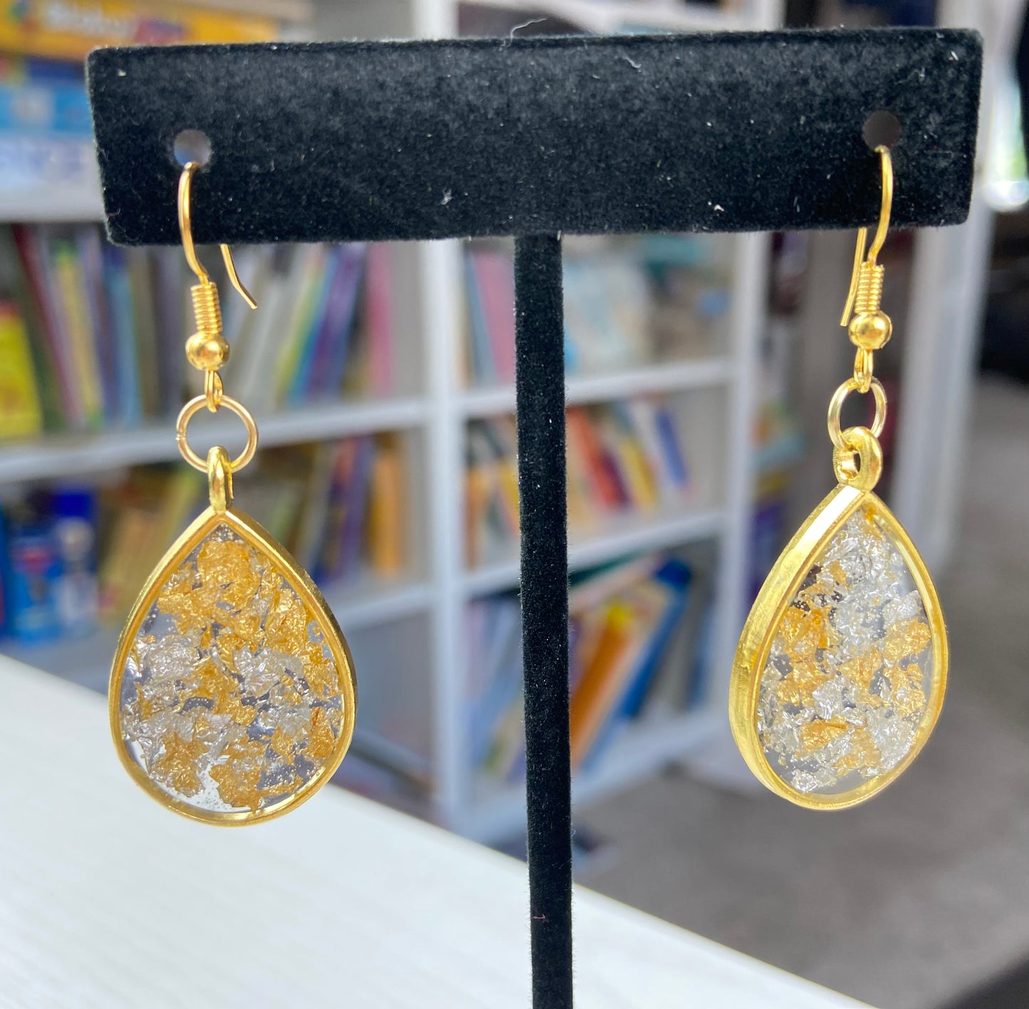Gold and Silver Flake Dangle Earrings